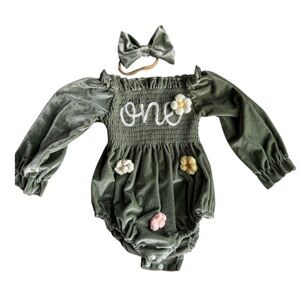 Green velvety boho first birthday flower long sleeve bubble romper 12 months